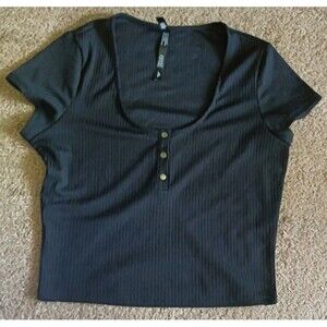Victoria's Secret Sport Top Crop Snap Henley Size Large Black Ribbed Baby Tee